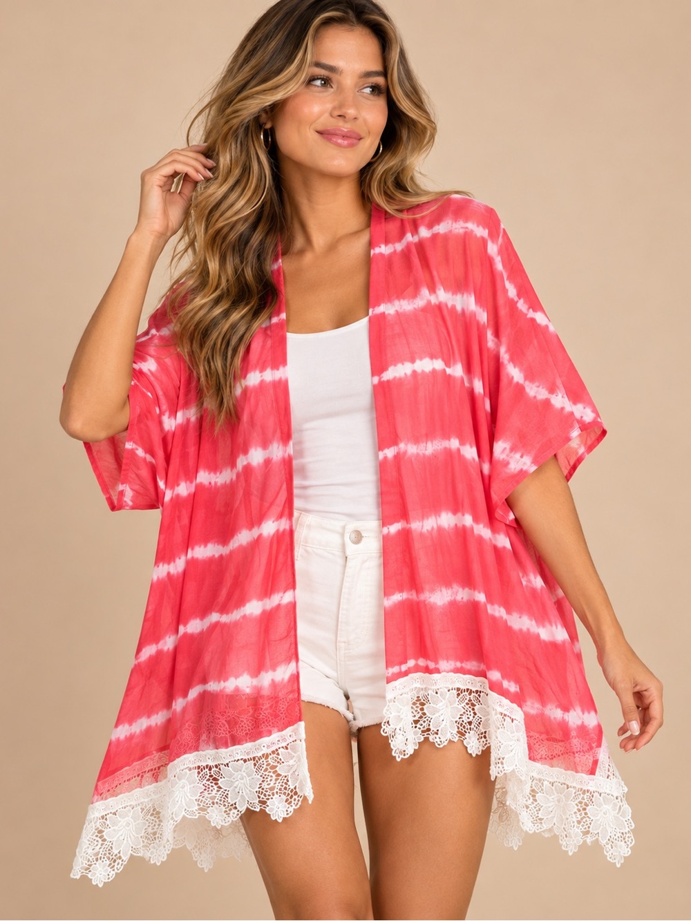 Pink Tie Dye Lace Trim Kimono Duster One Size Style